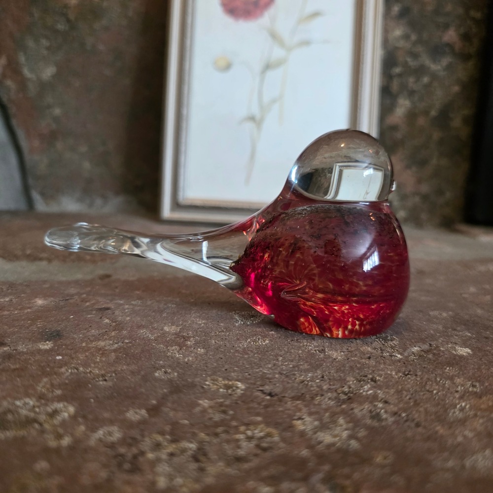 Vintage Red Art Glass Bird Figurine Gold Foil Internal MCM Paperweight 5 inch